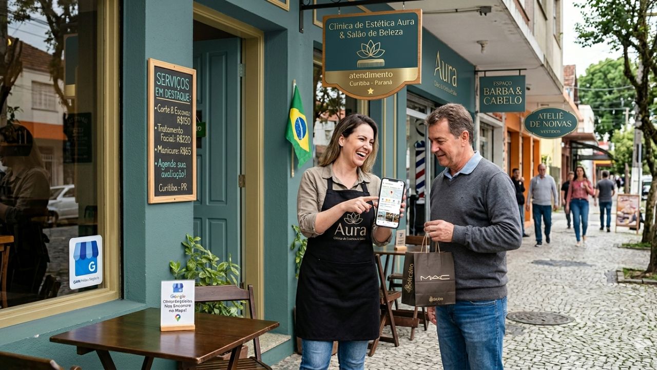 Imagem de frente de uma clínica de estética. A esteticista está mostrando para um cliente o perfil da empresa no Google.