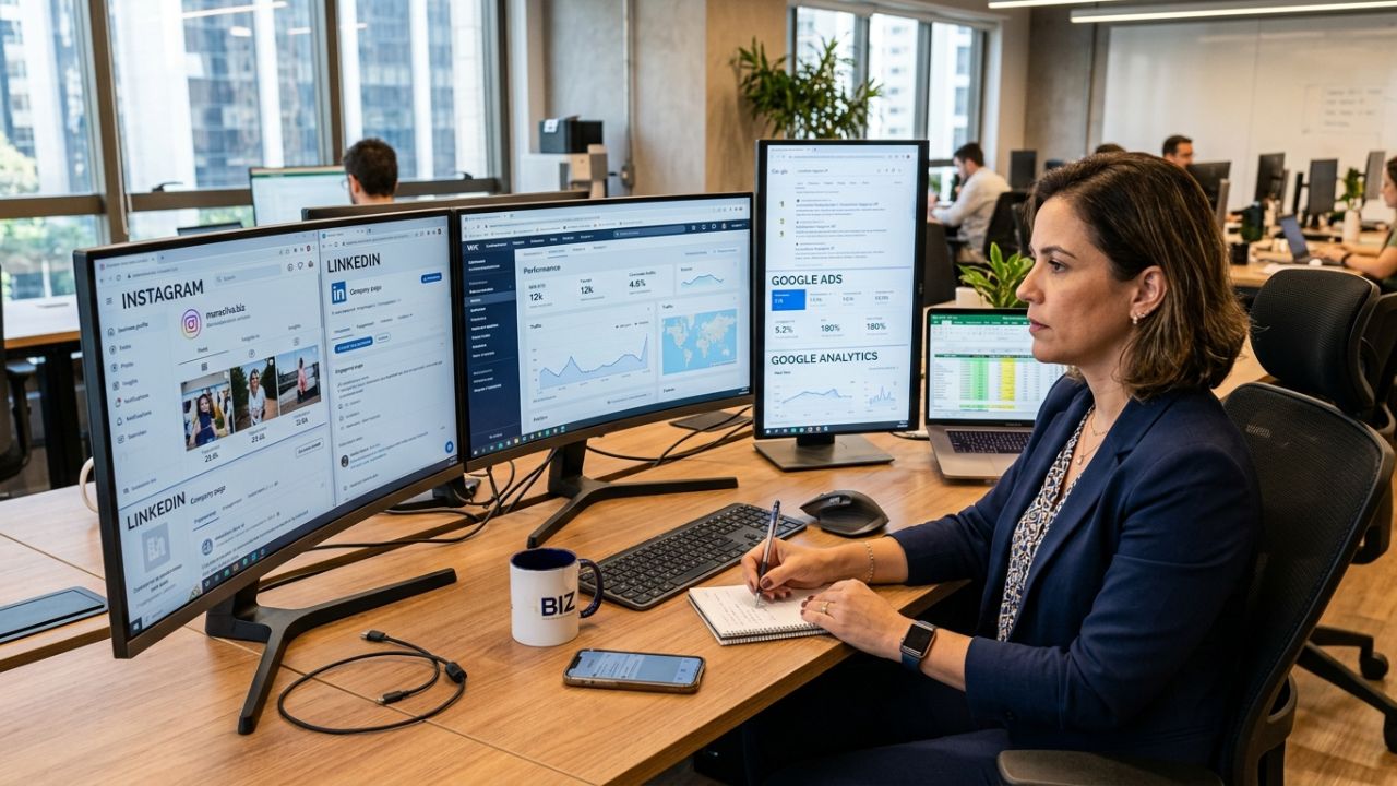 Empresária analisando a presença digital do seu negócio em múltiplas telas e vários canais online.