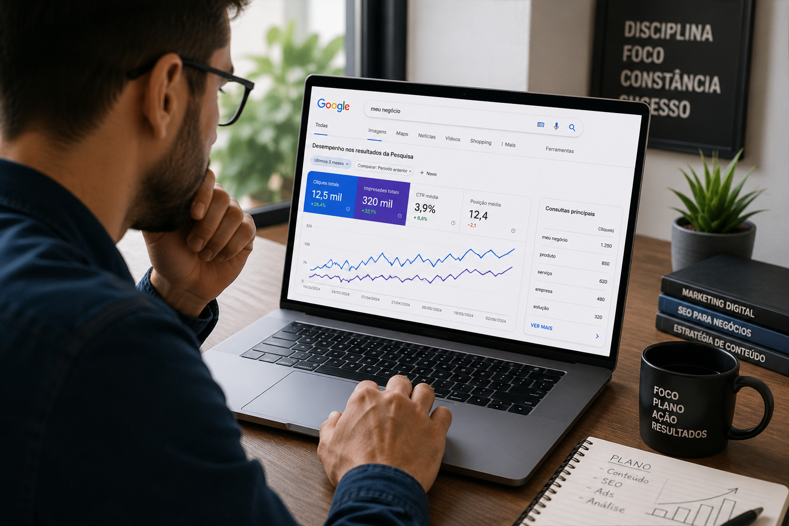 Pessoa analisando crescimento no Google em notebook com gráficos de SEO na tela