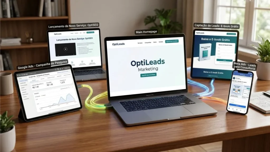 Estratégia integrando site profissional e landing pages para geração de clientes.