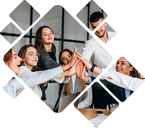 Imagem do banner da página "Sobre", está em mosaico, é uma equipe de web designers comemorando a criação de sites profissionais.