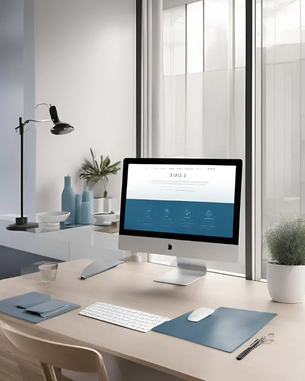 Imagem da página que descreve o que é um site institucional. É de um estúdio de criação de sites, na mesa principal tem um computador com o projeto de um site institucional, tem o teclado, mouse e uma agenda. Tem uma mesa no canto, em cima dela tem objetos de cor azul-claro e um vazo com plantas.