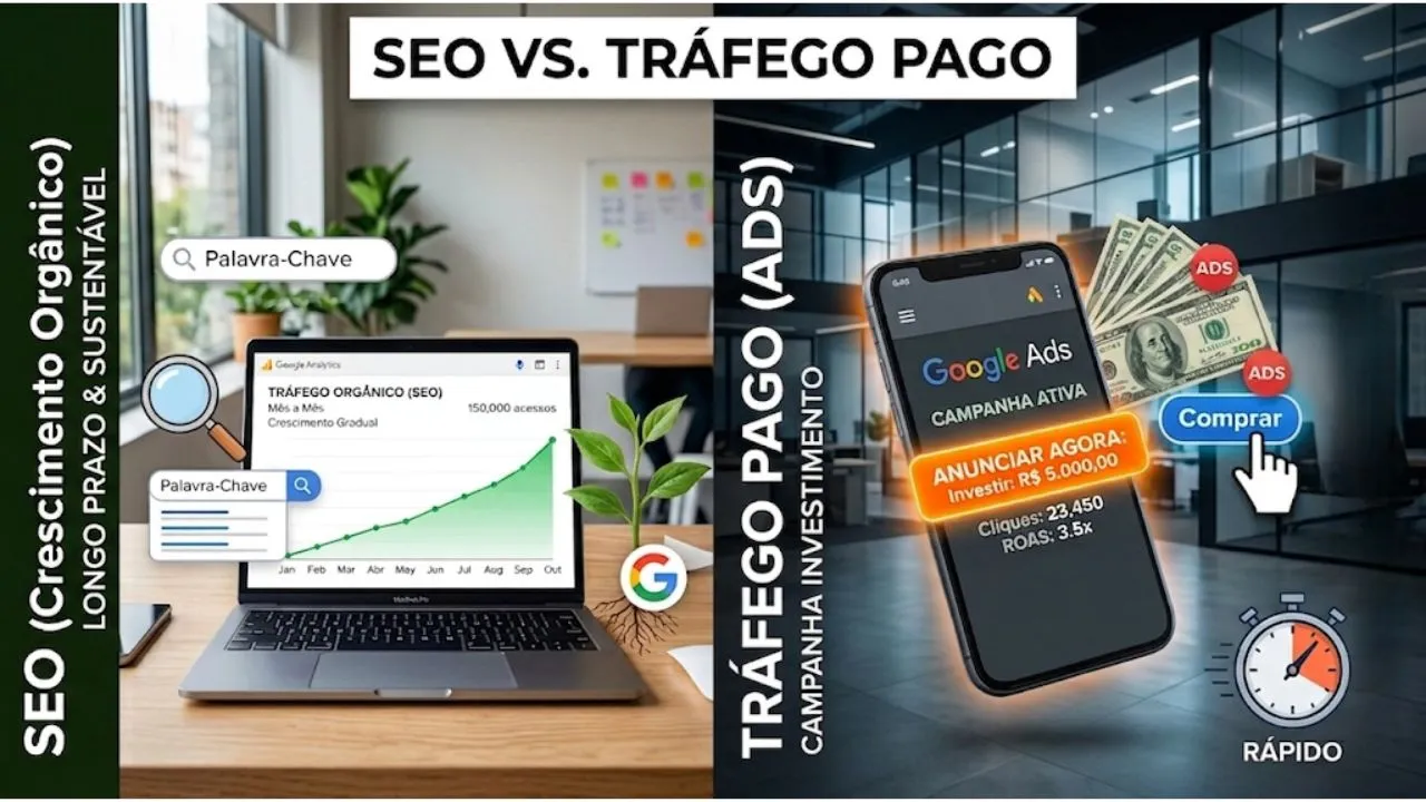 Comparação entre SEO e tráfego pago para pequenas empresas.